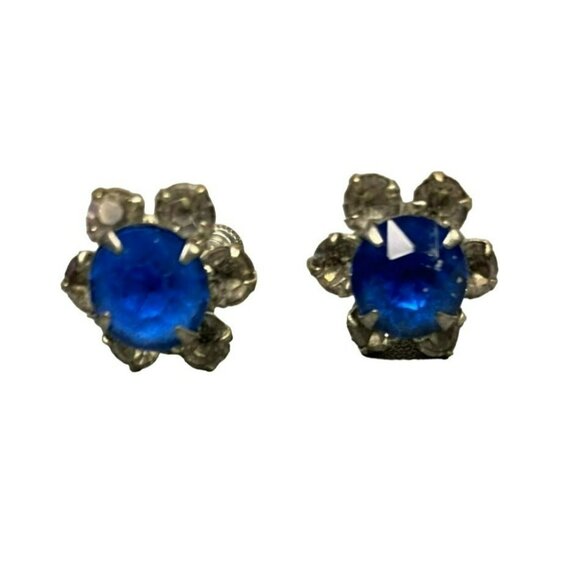 Vintage Blue Crystal Flower Rhinestone Screw Back Earrings - Picture 1 of 3
